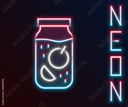 Glowing neon line Jam jar icon isolated on black background. Colorful outline concept. Vector