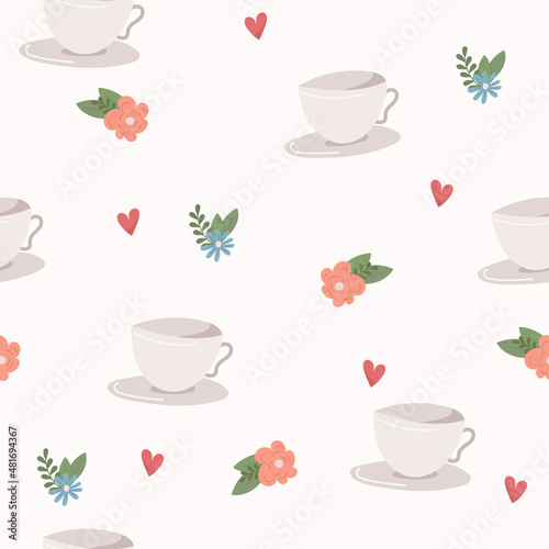 Cute gentle seamless pattern with tea cups, flowers and hearts. Tenderness vector background for fabric, wallpaper, design, apparel, wrapping paper, scrapbooking and much more.