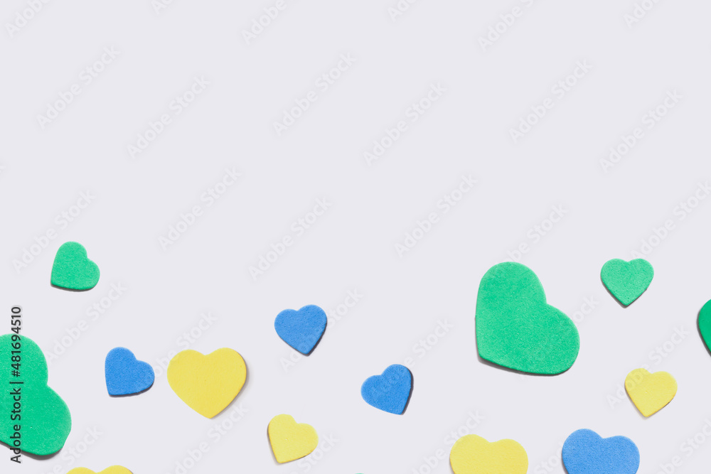 Valentine's Day background. Multicolor hearts on white background. Valentines day concept. Flat lay, top view, copy space Valentine's Day background. Multicolor hearts on white background. Valentines day concept. Flat lay, top view, copy space