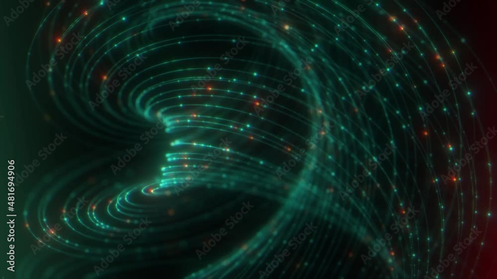 An abstract background of rotating spiral lines and shimmering green and orange dots. String theory. Spiral motion, concept. An abstract background of rotating spiral lines and shimmering green and orange dots. String theory. Spiral motion, concept.
