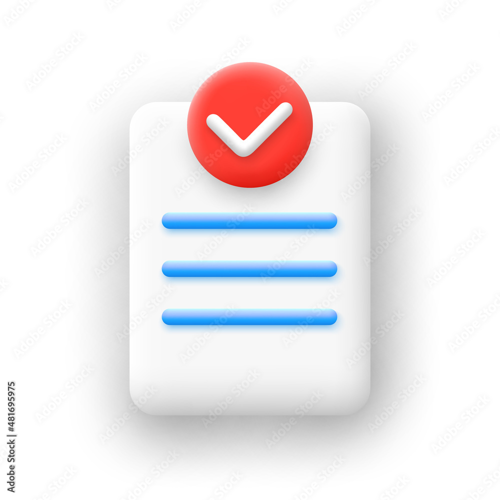 Document with check mark icon in 3d cartoon style. White paper sheet. Vector illustration. Document with check mark icon in 3d cartoon style. White paper sheet. Vector illustration.