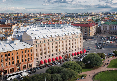 Top view from the observation deck of St. Isaac's Cathedral on a part of St. Isaac's Square, the Astoria Hotel and the city buildings of St. Petersburg