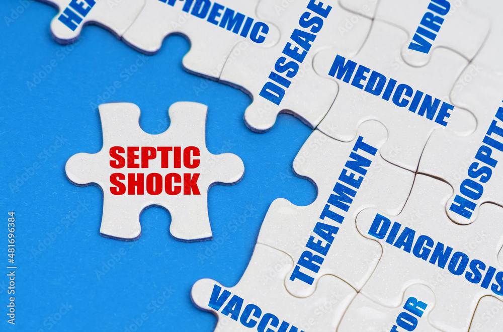 On the blue surface, puzzles with medical inscriptions, on a separate puzzle it is written - Septic shock On the blue surface, puzzles with medical inscriptions, on a separate puzzle it is written - Septic shock