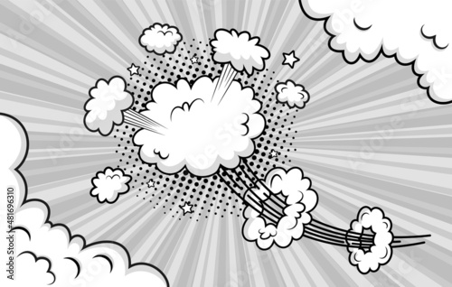 Pop art background with smoke clouds wind and halftone. Cartoon bomb explosion. Funny shapes in comic style. Retro frame with balloons. Sky air banner. Speech bubble elements. Vector illustration