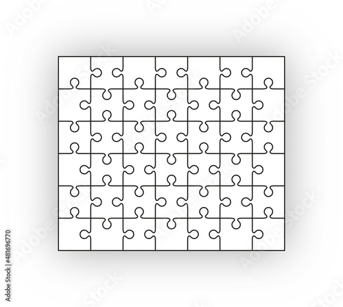 Puzzle pieces set. Jigsaw outline grid. Modern background with separate shapes. Scheme of thinking game. Simple mosaic frame tiles.Cutting template with 6x7 details. Vector illustration.