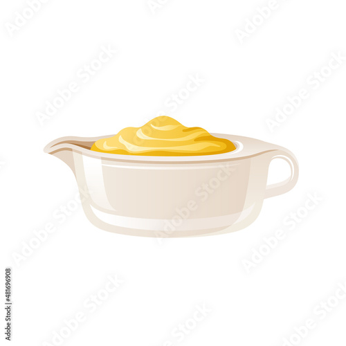 Sauce boat with gravy. Vector icon of saus bowl. Vector illustration of white sauceboat or jug with curry, mayonnaise, mustard, ranch dressing. Candy caramel honey cream. Isolated saucer dish drawing