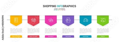 Concept of shopping process with 6 successive steps. Six colorful graphic elements. Timeline design for brochure, presentation, web site. Infographic design layout.