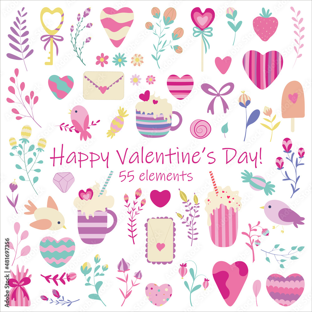 Valentine's Day objects. Cute elements about love and romance on white background. For wrapping paper, cards, backgrounds, postcards, congratulations and print.
Valentine's Day objects. Cute elements about love and romance on white background. For wrapping paper, cards, backgrounds, postcards, congratulations and print.