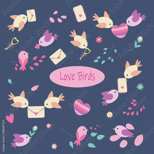 Valentine's Day object set about love and romance - cute birds with love letters, hearts and flowers. For wrapping paper, cards, backgrounds, postcards, congratulations, print.