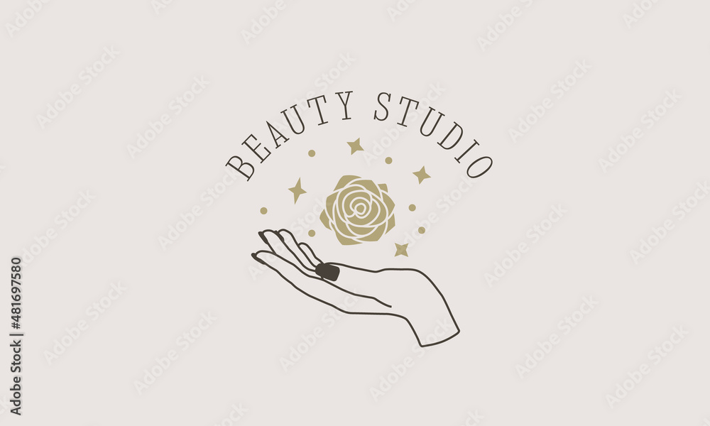 Linear logo with rose flower and women hands. Minimal logo design for beauty studio, cosmetics. Vector illustration Linear logo with rose flower and women hands. Minimal logo design for beauty studio, cosmetics. Vector illustration