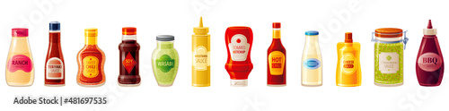 Sauce set. Soy Wasabi Mustard Ketchup Chinese Sweet Hot Chili Mayonnaise Ranch Teriyaki BBQ Chimichurri Cheese sauces. Food seasoning jar bottle icon set. Cartoon cuisine vector packaging illustration