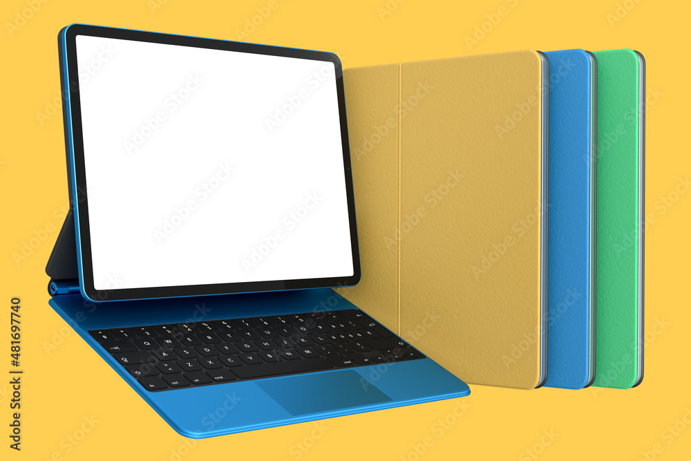 Set of computer tablet with keyboard and blank screen isolated on yellow. Set of computer tablet with keyboard and blank screen isolated on yellow.