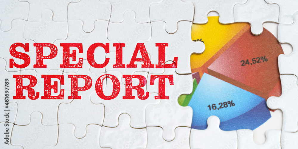 On white puzzles there is an inscription - Special Report. Financial diagram in the window among the puzzles On white puzzles there is an inscription - Special Report. Financial diagram in the window among the puzzles
