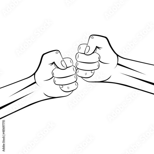 Icon of friendly bumping of interracial clenched man fists together. Concept of team work, partnership, friendship and unity. Greeting hands gesture. Vector outline illustration