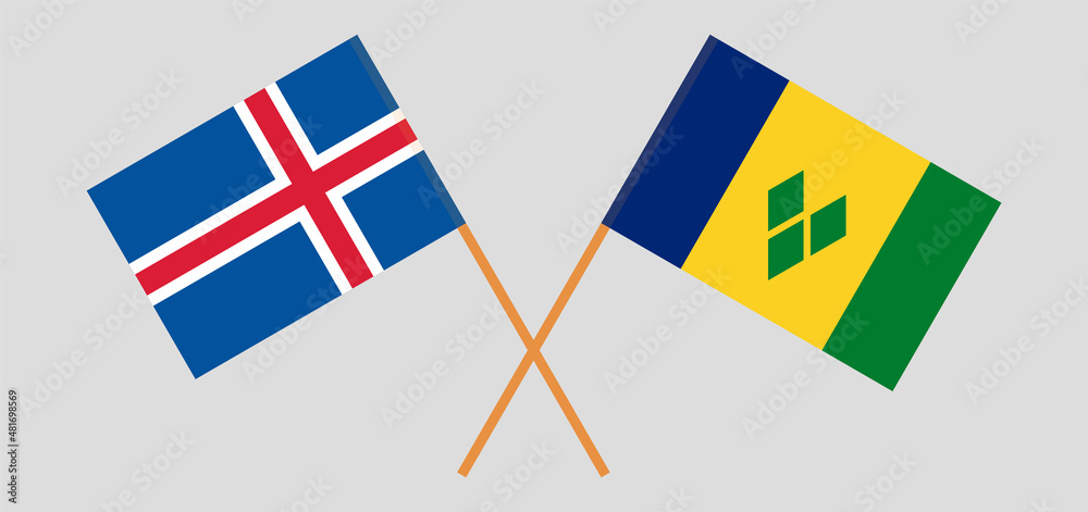 Crossed flags of Iceland and Saint Vincent and the Grenadines. Official colors. Correct proportion