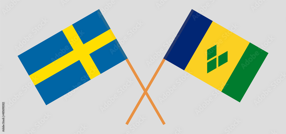 Crossed flags of Sweden and Saint Vincent and the Grenadines. Official colors. Correct proportion