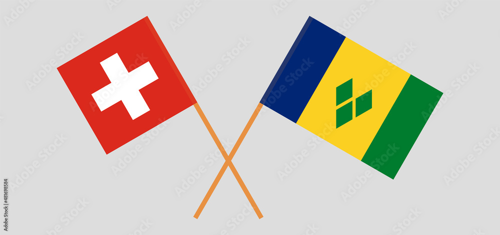 Crossed flags of Switzerland and Saint Vincent and the Grenadines. Official colors. Correct proportion