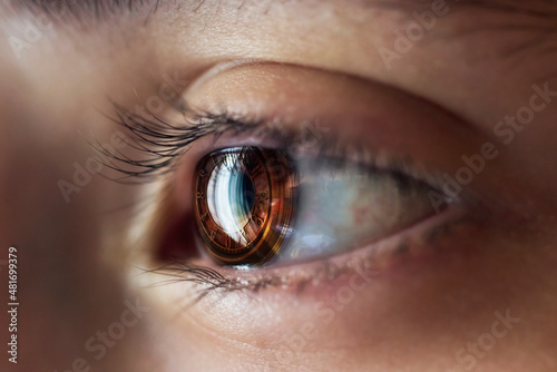 Manipulation of the eyeball with a macro photographed and a clock image.