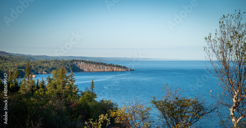 View of Shovel Point in Tettegouche State Park, along the north shore of Lake Superior in Minnesota. Viewed in evening light from Palaside Head, near Silver Bay.