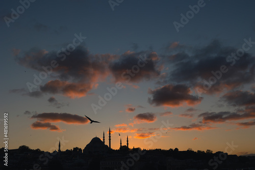 Islamic background photo. Silhouette of Istanbul at sunset