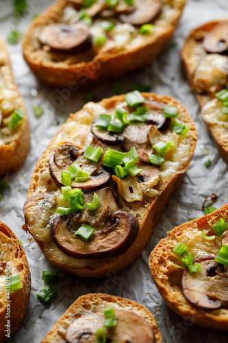 Ciabatta toast with mozzarella cheese and champignons sprinkled with green onions, top view