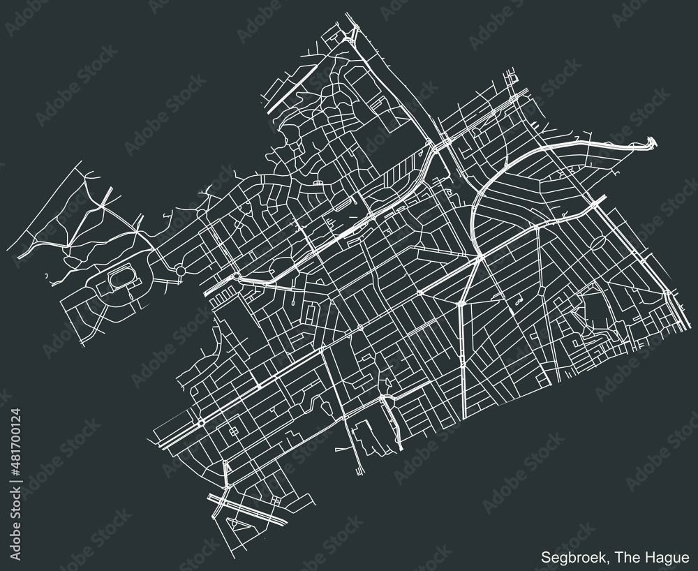 Detailed negative navigation white lines urban street roads map of the SEGBROEK DISTRICT of the Dutch regional capital city The Hague, Netherlands on dark gray background