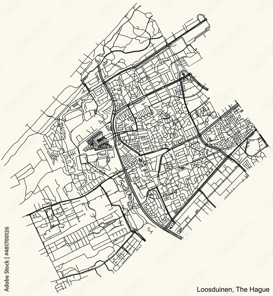 Detailed navigation black lines urban street roads map  of the LOOSDUINEN DISTRICT of the Dutch regional capital city The Hague, Netherlands on vintage beige background