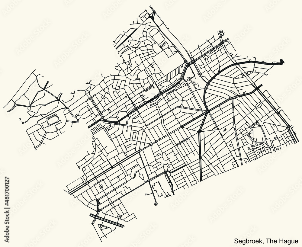 Detailed navigation black lines urban street roads map  of the SEGBROEK DISTRICT of the Dutch regional capital city The Hague, Netherlands on vintage beige background
