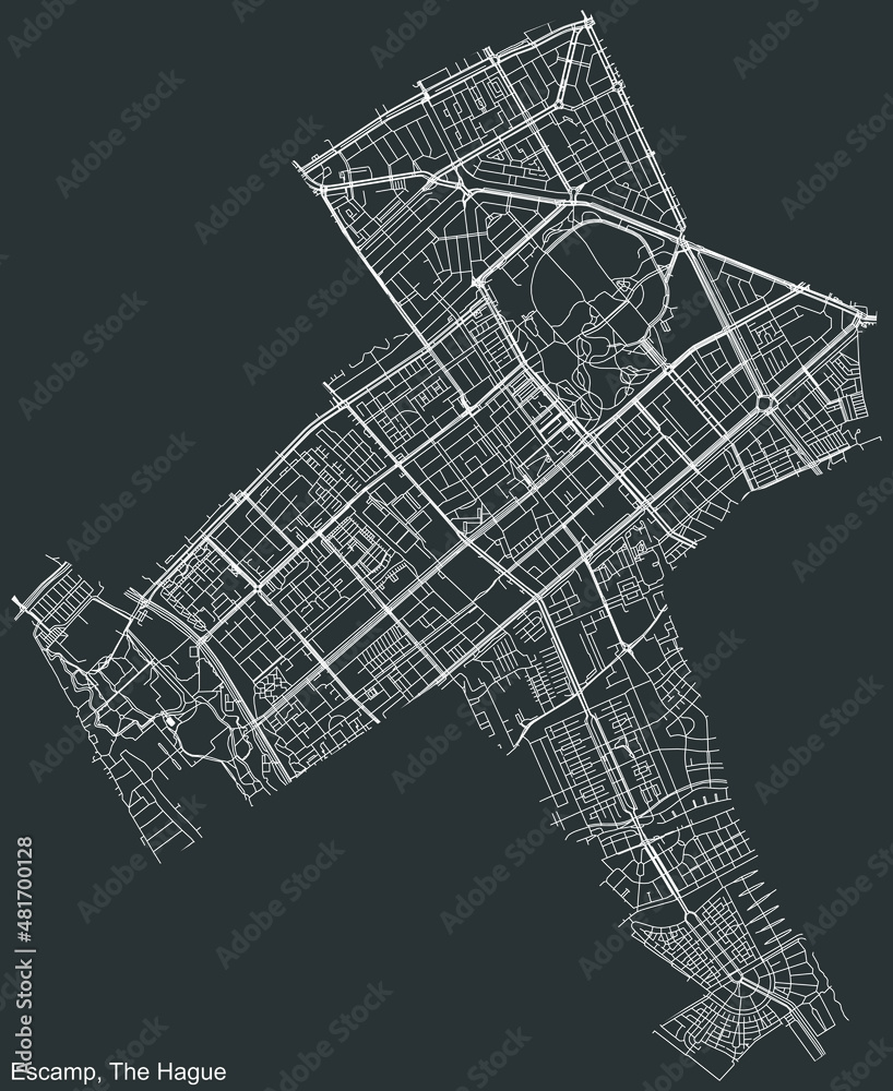Detailed negative navigation white lines urban street roads map of the ESCAMP DISTRICT of the Dutch regional capital city The Hague, Netherlands on dark gray background
