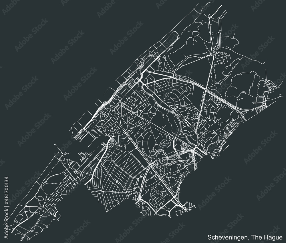 Detailed negative navigation white lines urban street roads map of the SCHEVENINGEN DISTRICT of the Dutch regional capital city The Hague, Netherlands on dark gray background