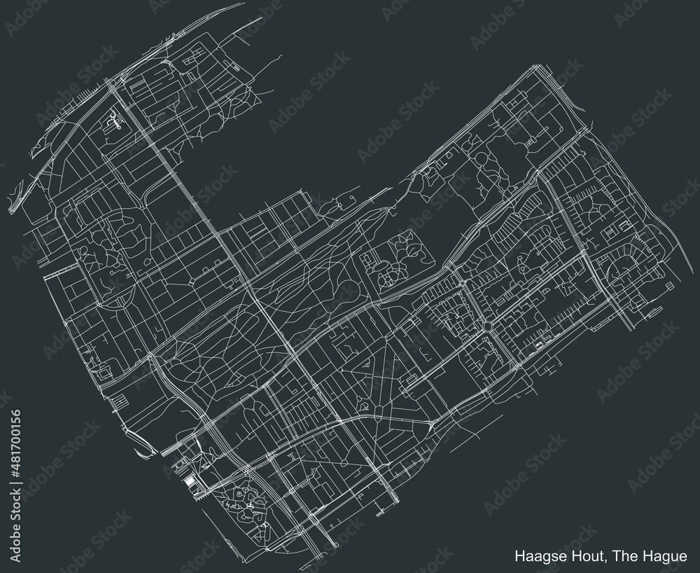 Detailed negative navigation white lines urban street roads map of the HAAGSE HOUT DISTRICT of the Dutch regional capital city The Hague, Netherlands on dark gray background