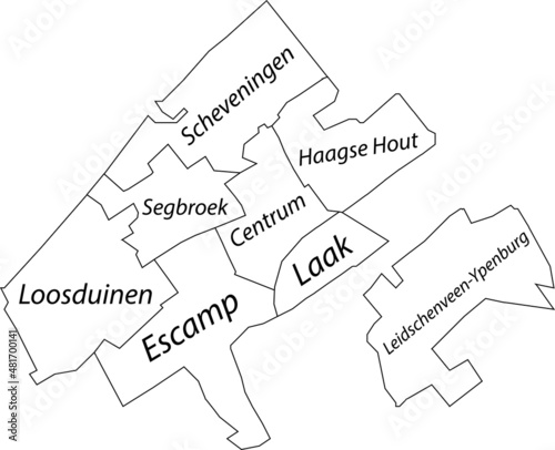 White flat vector administrative map of THE HAGUE, NETHERLANDS with name tags and black border lines of its districts