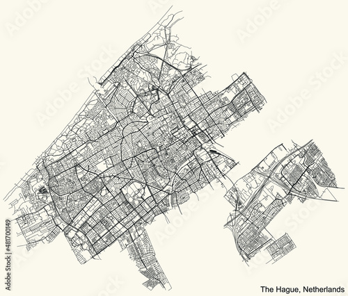 Detailed navigation black lines urban street roads map of the Dutch regional capital city of THE HAGUE, NETHERLANDS on vintage beige background