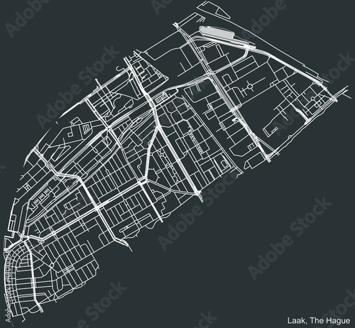 Detailed negative navigation white lines urban street roads map of the LAAK DISTRICT of the Dutch regional capital city The Hague, Netherlands on dark gray background photo