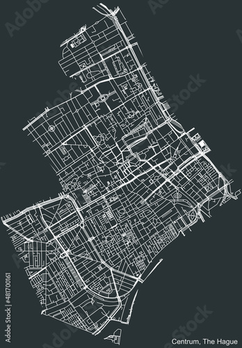 Detailed negative navigation white lines urban street roads map of the CENTRUM DISTRICT of the Dutch regional capital city The Hague, Netherlands on dark gray background