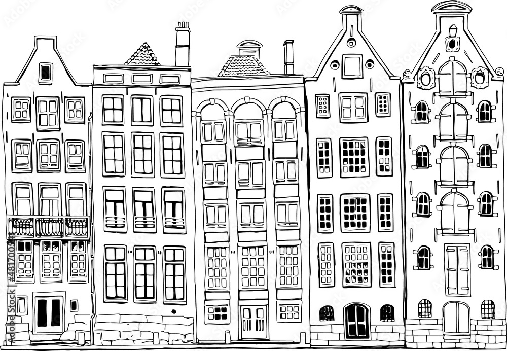 Beautiful houses in Amsterdam painted in sketch style with black and white by vector.  Suitable for print, postcard, sketchbook cover, poster, stickers, your design.