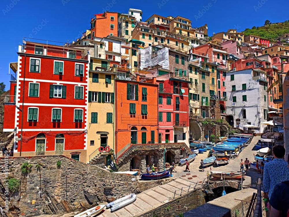 panorama of Riomaggiore, a seaside village forming part of the Cinque Terre of the city of La Spezia in Liguria, Italy	