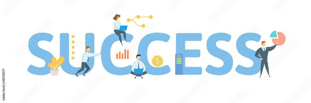 Success. Concept with keyword, people and icons. Flat vector illustration. Isolated on white.