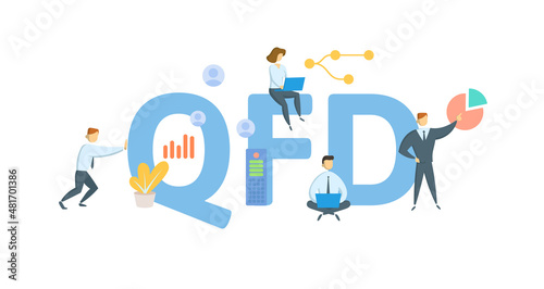 QFD, Quality Function Deployment. Concept with keyword, people and icons. Flat vector illustration. Isolated on white.
