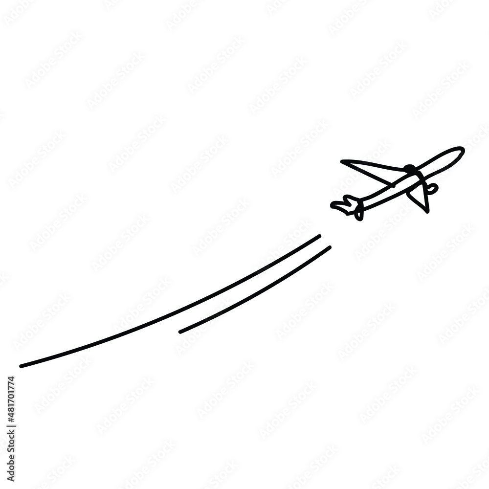 The plane, line drawing. Sketch, continuous line. An airplane in the sky. Vector isolated black and white illustration. Trip, travel, airport, vacation