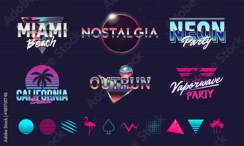 Retro 80s logo design. 6 Retro Futuristic logo and 10 retrowave elements. Vaporwave, neon emblems. Trendy design for t-shirt, poster, banner.
Vector illustration