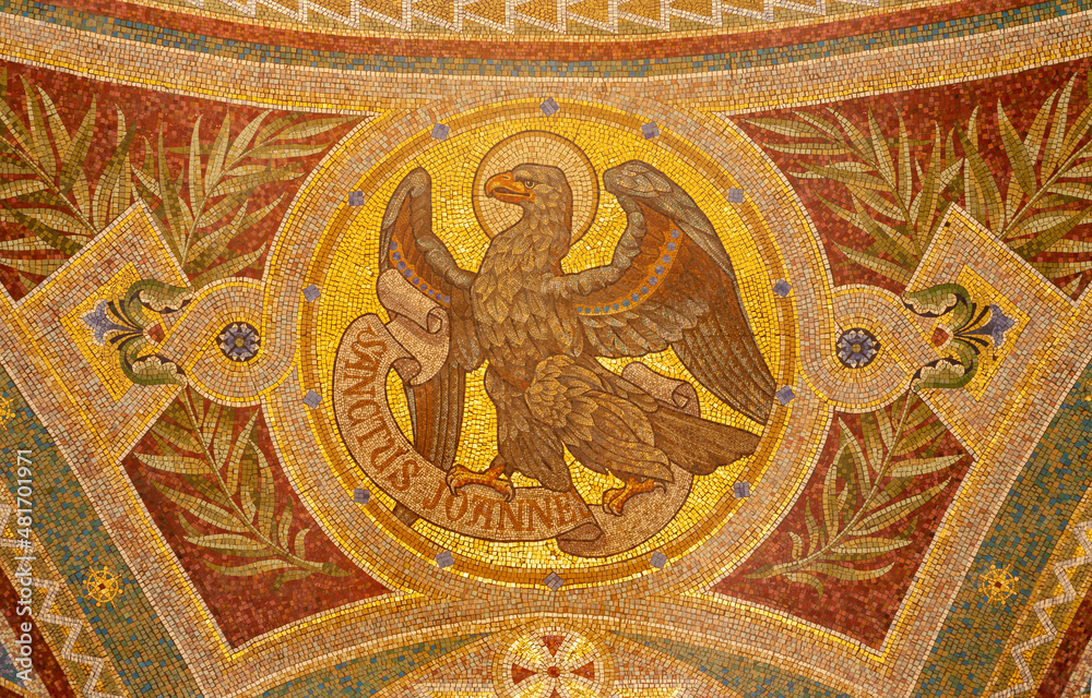 MADRID, SPAIN - MARCH 9, 2013: Mosaic of eagle as symbol of Saint John the Evangelist in Iglesia de San Manuel y San Benito by architect Fernando Arbos from 19. cent.