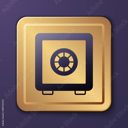 Purple Safe icon isolated on purple background. The door safe a bank vault with a combination lock. Reliable Data Protection. Gold square button. Vector