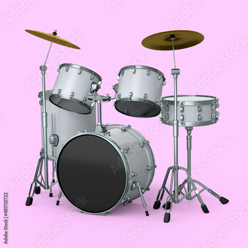 Wall Mural Set of realistic drums with metal cymbals or drumset on pink background