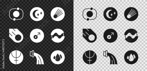 Set Solar system, Moon and stars, Comet, Neptune planet, Aquarius zodiac, Water drop, and Mars symbol icon. Vector
