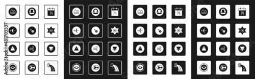 Set Calendar, Venus symbol, Sagittarius zodiac, Earth element, Falling star, Libra, and Air icon. Vector