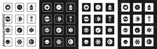Set Bottle of water, Eclipse the sun, Planet, Water drop, Old magic key, Windy weather, Falling star and Medallion with eye icon. Vector