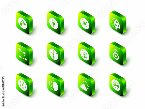 Set Symbol Mercury, Gemini zodiac, Eclipse of the sun, Uranus, Pisces, Cloudy weather and icon. Vector