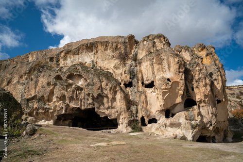 Historical ancient Frig (Phrygia, Gordion) Valley. Houses, structures carved into rocks. Frig Valley is popular tourist attraction in the Ayazini, Afyon – TURKEY.