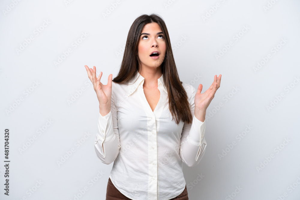 Young Brazilian woman isolated on white background stressed overwhelmed Young Brazilian woman isolated on white background stressed overwhelmed